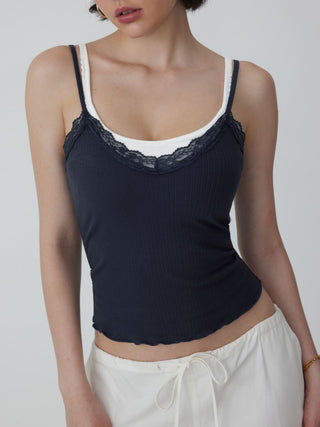 Textured V-neck Lace Trim Cami Top