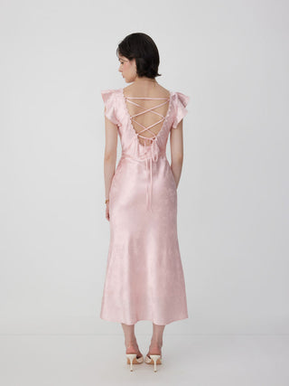 Satin Textured Floral V-neck Ruffle Sleeve Mermaid Maxi Dress