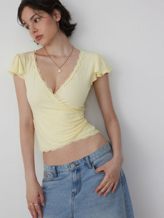 V-neck Ruffle Sleeve Lace Trim Drawstring Ruched Top