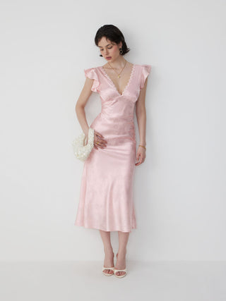 Satin Textured Floral V-neck Ruffle Sleeve Mermaid Maxi Dress