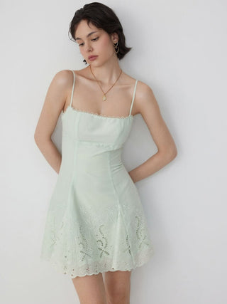 Broderie Anglaise Square Neck Ruffle Hem A-line Mini Dress