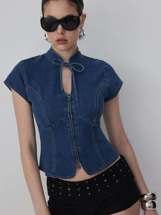 Stretch Denim Stand Collar Short Sleeve Bowknot Zip Up Blouse