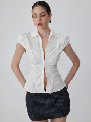 Cotton-blend Ruched Puff Sleeve Longline Blouse