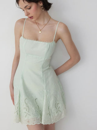 Broderie Anglaise Square Neck Ruffle Hem A-line Mini Dress