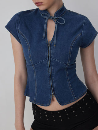 Stretch Denim Stand Collar Short Sleeve Bowknot Zip Up Blouse