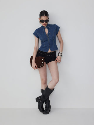 Stretch Denim Stand Collar Short Sleeve Bowknot Zip Up Blouse