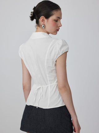 Cotton-blend Ruched Puff Sleeve Longline Blouse