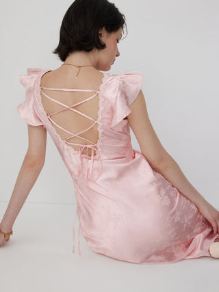 Satin Textured Floral V-neck Ruffle Sleeve Mermaid Maxi Dress