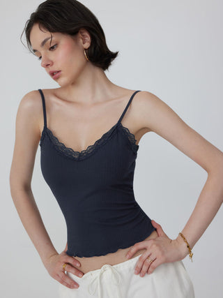 Textured V-neck Lace Trim Cami Top