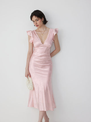 Satin Textured Floral V-neck Ruffle Sleeve Mermaid Maxi Dress