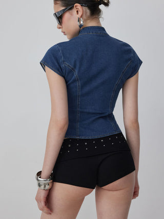 Stretch Denim Stand Collar Short Sleeve Bowknot Zip Up Blouse