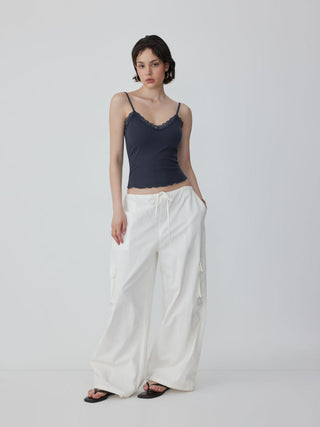Textured V-neck Lace Trim Cami Top