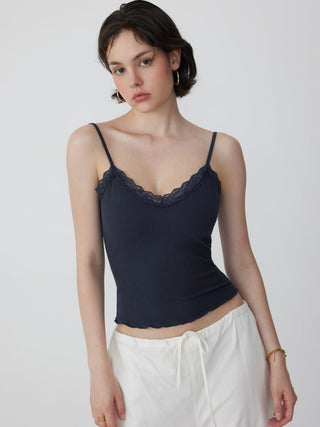 Textured V-neck Lace Trim Cami Top