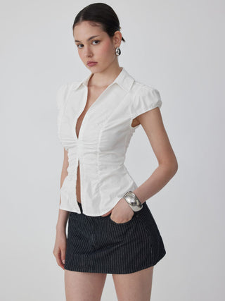 Cotton-blend Ruched Puff Sleeve Longline Blouse