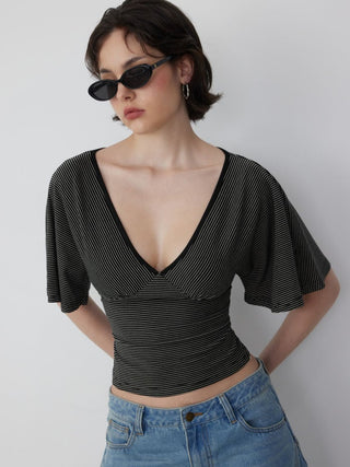 Lyocell-blend Striped V-neck Cloak Sleeve Ruched Tie Back Top