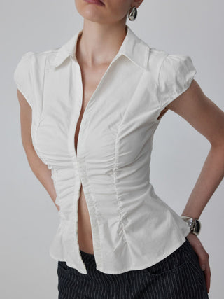 Cotton-blend Ruched Puff Sleeve Longline Blouse