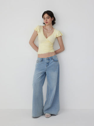 V-neck Ruffle Sleeve Lace Trim Drawstring Ruched Top