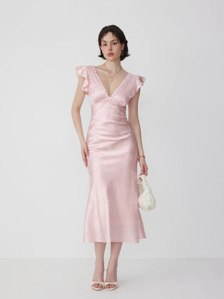 Satin Textured Floral V-neck Ruffle Sleeve Mermaid Maxi Dress