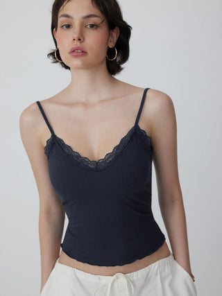 Textured V-neck Lace Trim Cami Top