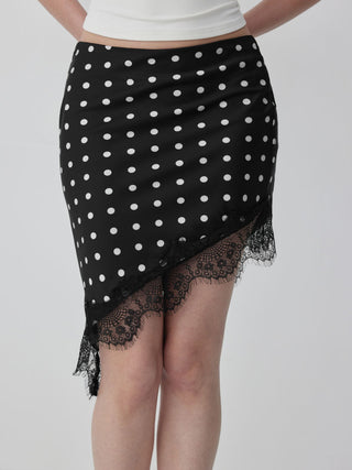 Satin Low Rise Polka Dot Lace Trim Asymmetrical Hem Mini Skirt