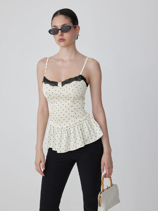 Satin Polka Dot Sweetheart Lace Trim Peplum Hem Cami Blouse