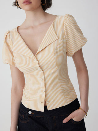 Cotton-blend Striped Puff Sleeve Tie-back Blouse