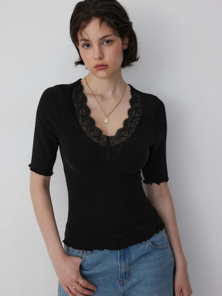 Cotton-blend V-neck Mid-length Sleeve Lace Trim Lettuce Trim Top