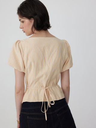 Cotton-blend Striped Puff Sleeve Tie-back Blouse