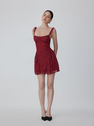 Cotton-blend Lace Sweetheart Neck Ruffled Bowknot A-line Mini Dress