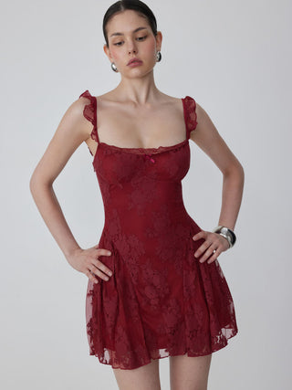 Cotton-blend Lace Sweetheart Neck Ruffled Bowknot A-line Mini Dress