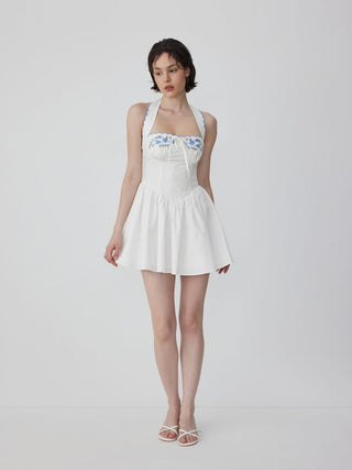 Cotton-blend Floral Halter Neckline Short Sleeve Embroidery Bowknot Mini Dress