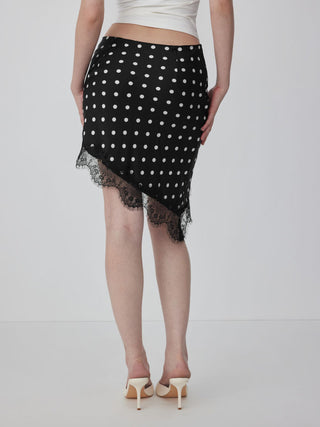 Satin Low Rise Polka Dot Lace Trim Asymmetrical Hem Mini Skirt