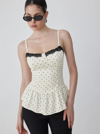 Satin Polka Dot Sweetheart Lace Trim Peplum Hem Cami Blouse
