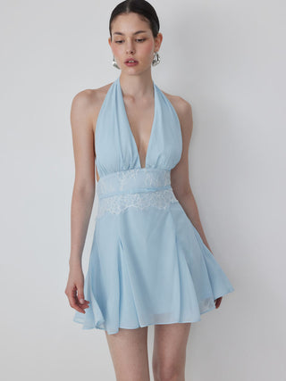 Chiffon Halter Neckline Backless Lace Panel Bowknot A-line Mini Dress