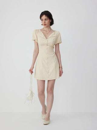 Cotton-blend Striped Puff Sleeve Twist Knotted A-line Mini Dress