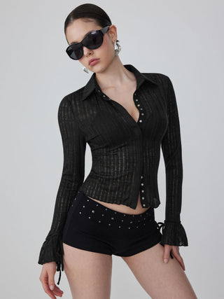 Textured Collar Long Sleeve Ruffle Cuff Top