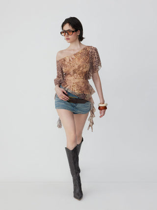 Abstract Leopard Ruffle Asymmetric One-Shoulder Top
