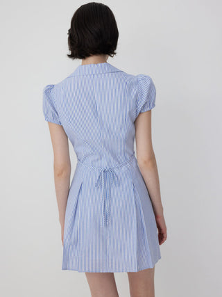 Cotton-Blend Striped Polo Neck Puff Sleeve Shirt Mini Dress