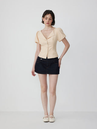 Cotton-blend Striped Puff Sleeve Tie-back Blouse