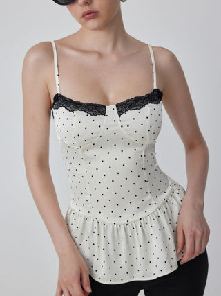 Satin Polka Dot Sweetheart Lace Trim Peplum Hem Cami Blouse