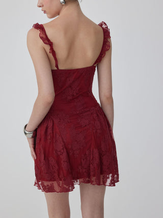 Cotton-blend Lace Sweetheart Neck Ruffled Bowknot A-line Mini Dress