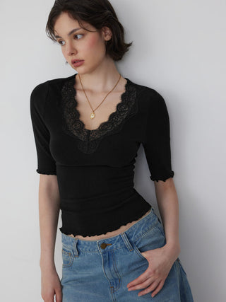 Cotton-blend V-neck Mid-length Sleeve Lace Trim Lettuce Trim Top