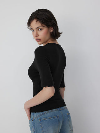 Cotton-blend V-neck Mid-length Sleeve Lace Trim Lettuce Trim Top