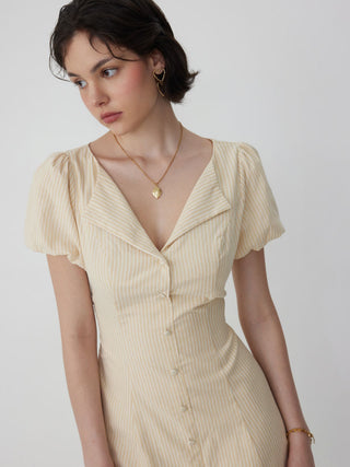 Cotton-blend Striped Puff Sleeve Twist Knotted A-line Mini Dress