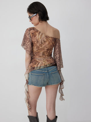 Abstract Leopard Ruffle Asymmetric One-Shoulder Top