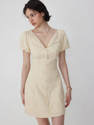Cotton-blend Striped Puff Sleeve Twist Knotted A-line Mini Dress
