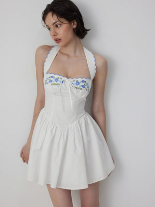 Cotton-blend Floral Halter Neckline Short Sleeve Embroidery Bowknot Mini Dress