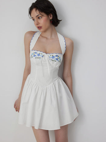 Cotton-blend Floral Halter Neckline Short Sleeve Embroidery Bowknot Mini Dress