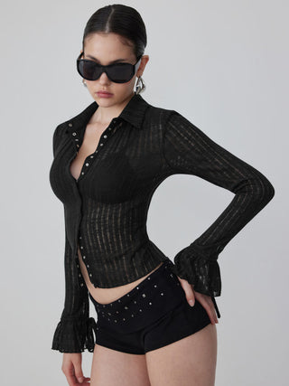 Textured Collar Long Sleeve Ruffle Cuff Top