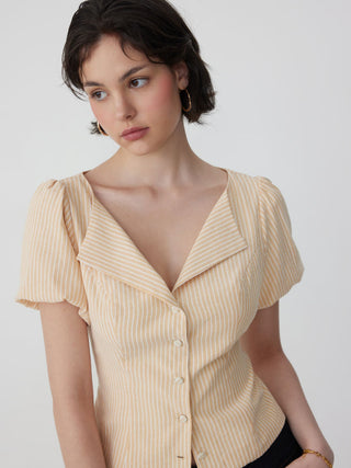 Cotton-blend Striped Puff Sleeve Tie-back Blouse